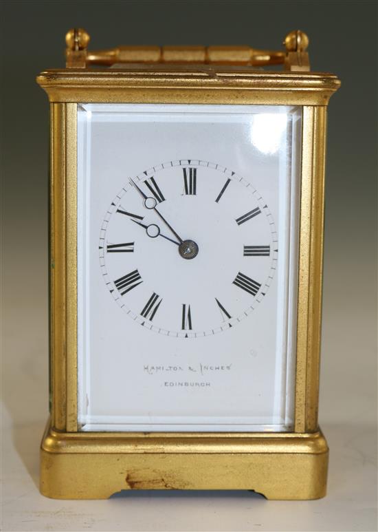 A Hamilton & Inches gilt brass carriage timepiece,